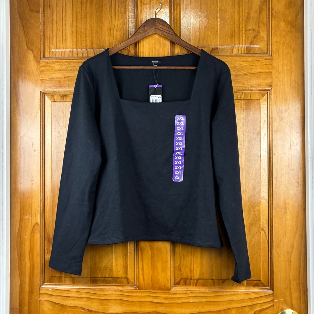 Express NWT Black Square Neck Long Sleeve Top Size XXL Cotton Modal Stretch
